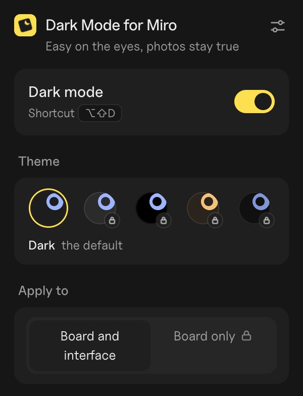The Dark Mode for Miro popup: on/off switch, themes and when dark mode applies