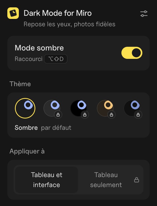 La fenêtre de Dark Mode for Miro : interrupteur, thèmes et moment où le mode sombre s'applique