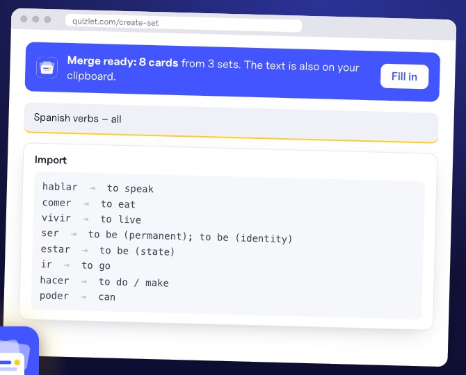 Quizlet's creation page with the merged cards filled in Quizlet's Import box