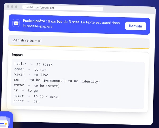 La page de création de Quizlet avec les cartes fusionnées dans la fenêtre Importer de Quizlet