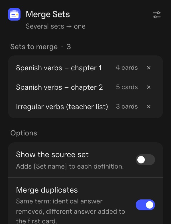 The Merge Sets popup: the sets to merge, the options and the title of the new set
