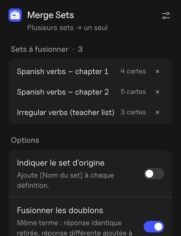 Le popup de Merge Sets : les sets à fusionner, les options et le titre du nouveau set